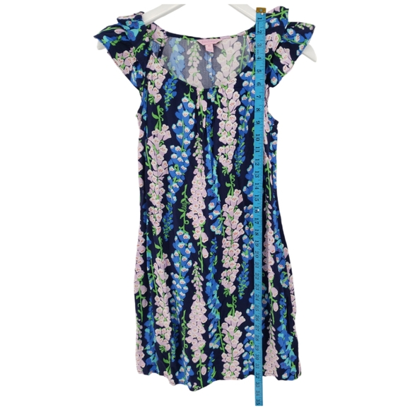 Lilly Pulitzer Size XS Blue Floral Dress with Belt 100% Rayon Ruffled Sleeve - Picture 5 of 10